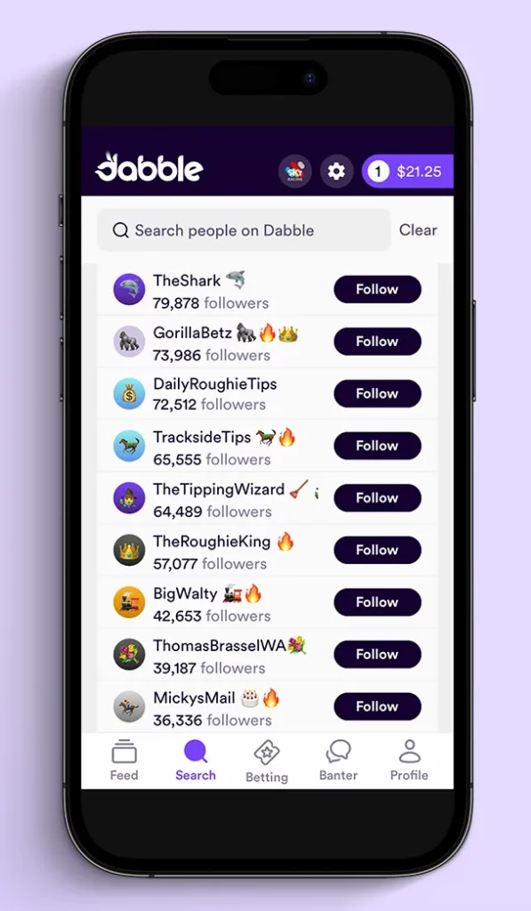 Dabble Review - Screenshort of the Dabble Australia app. Follow top rated punters.